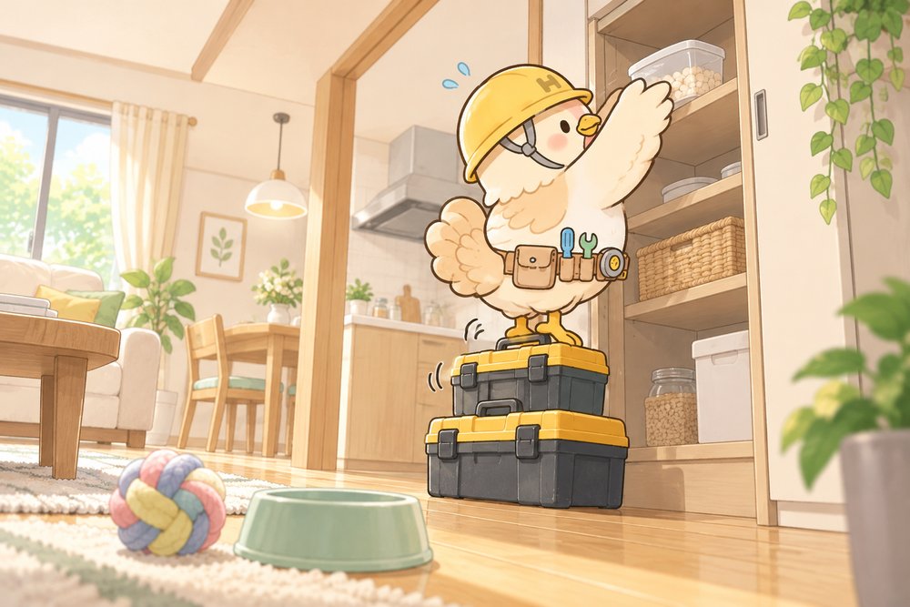 子どもやペットの届かない高い棚に団子をしまうナビ助
