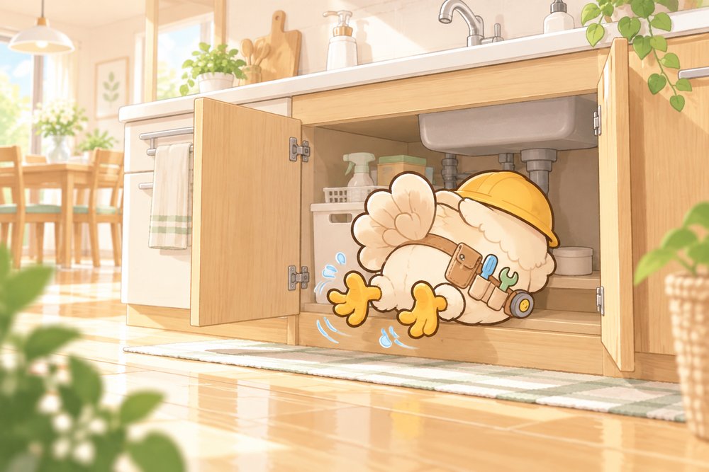 流し台の下にはまってじたばたするニワトリのナビ助