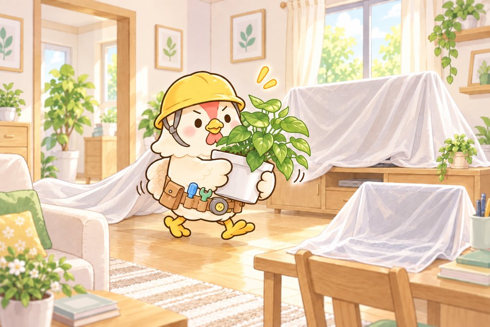 家電に布をかけて観葉植物を運び出すニワトリのナビ助