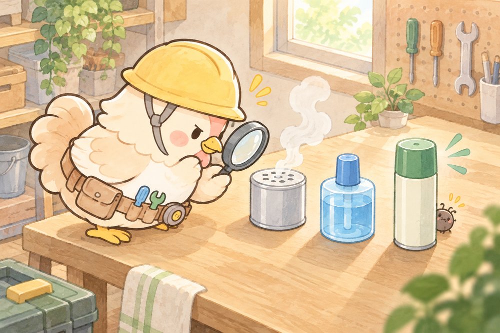 3タイプのくん煙剤を見比べるニワトリのナビ助