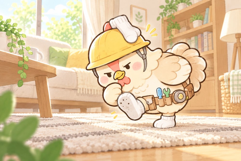 白い靴下で足元をチェックするニワトリのナビ助