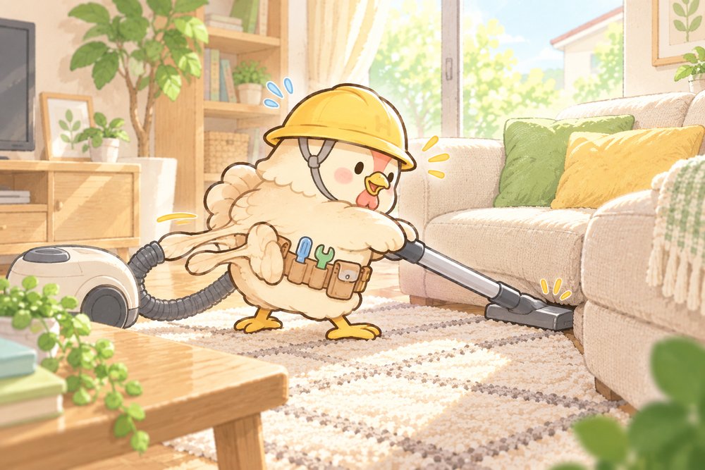 掃除機にしっぽの羽を吸われかけるニワトリのナビ助