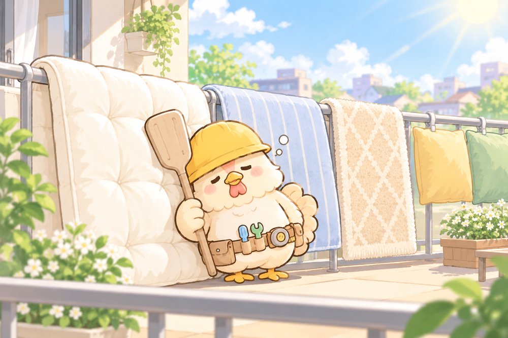 干したふとんにもたれてうとうとするニワトリのナビ助