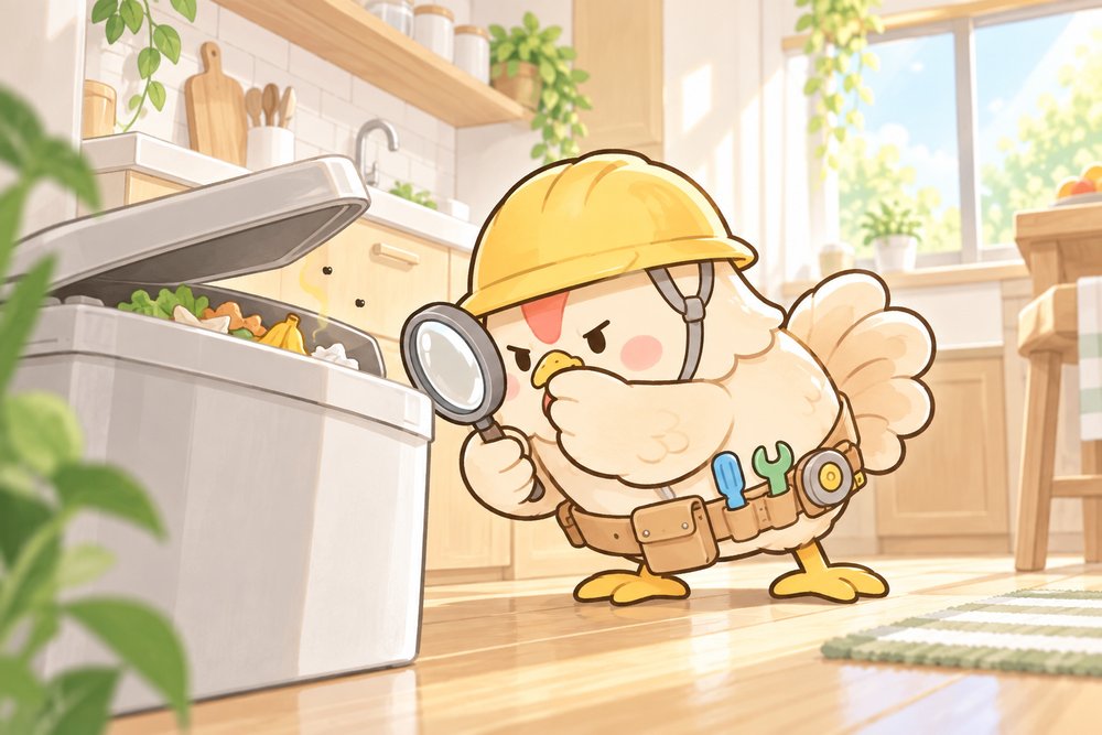 くちばしをつまんで生ごみのゴミ箱を調べるニワトリのナビ助