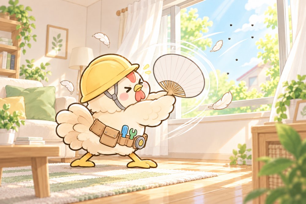 うちわで全力であおいで羽毛も舞うニワトリのナビ助