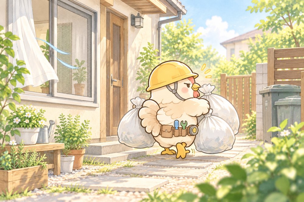 ゴミ袋を抱えてゴミ出しに行くニワトリのナビ助