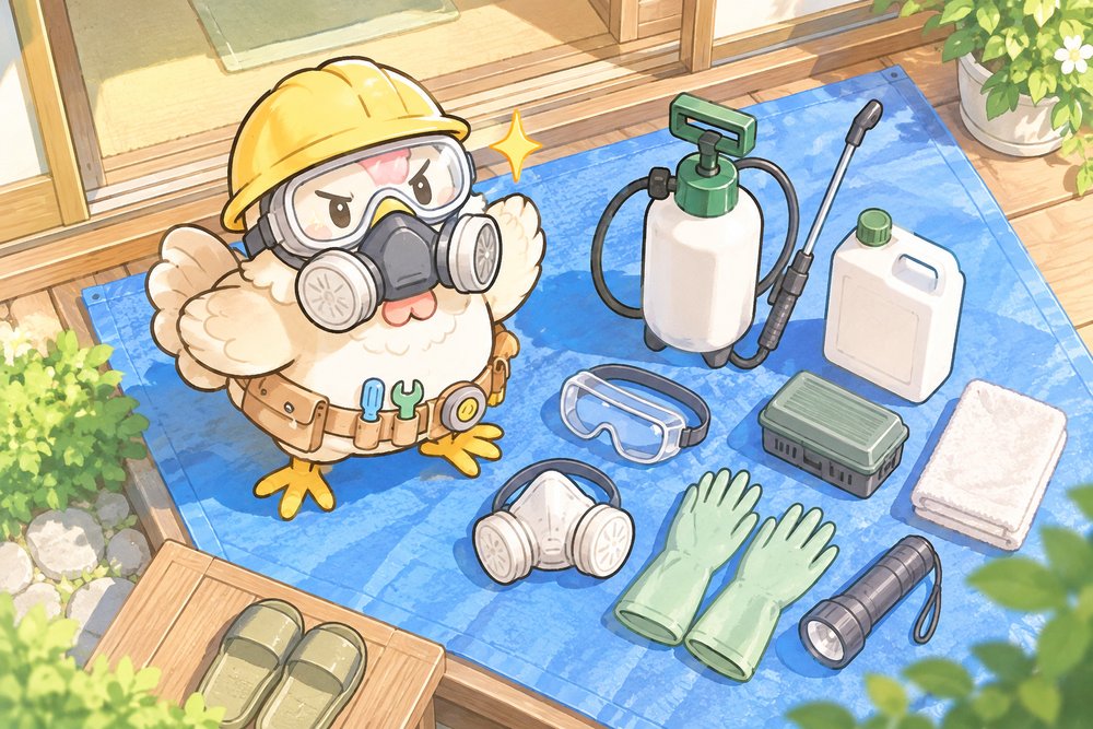 シロアリ駆除のDIY道具を並べてマスクとゴーグルをつけたニワトリのナビ助