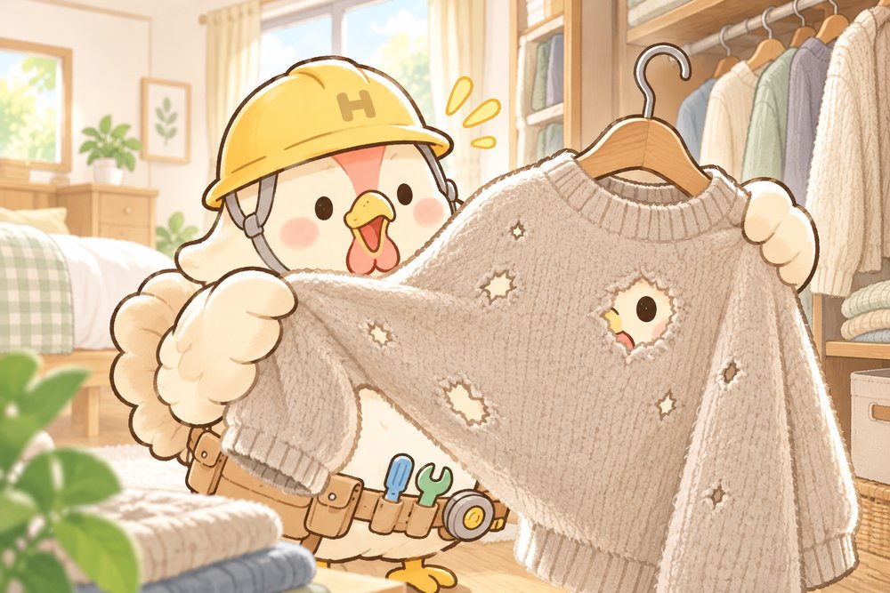 お気に入りのセーターに穴を見つけてショックなナビ助