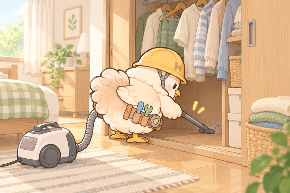 クローゼットのすみを掃除機で掃除するナビ助