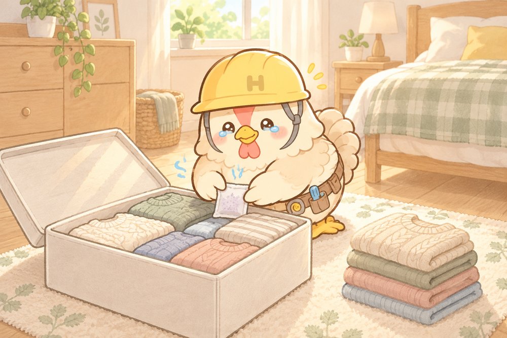 きれいなセーターを防虫剤と一緒にケースにしまうナビ助