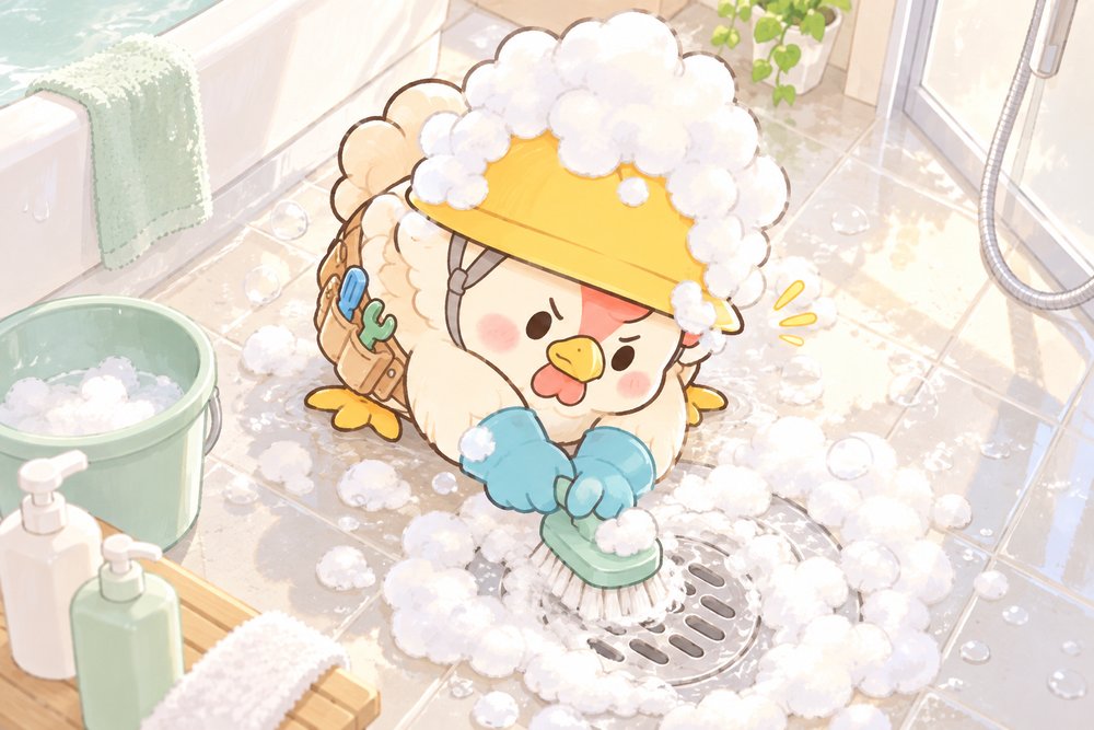 泡だらけになって排水口をこするニワトリのナビ助