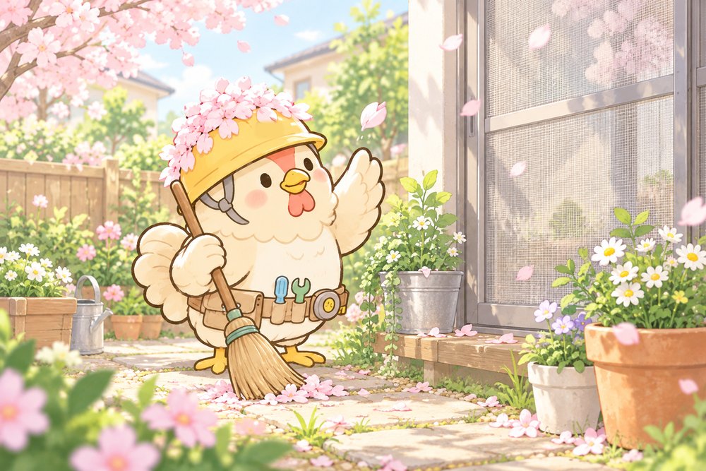 ヘルメットに桜の花びらを積もらせて庭を掃除するニワトリのナビ助