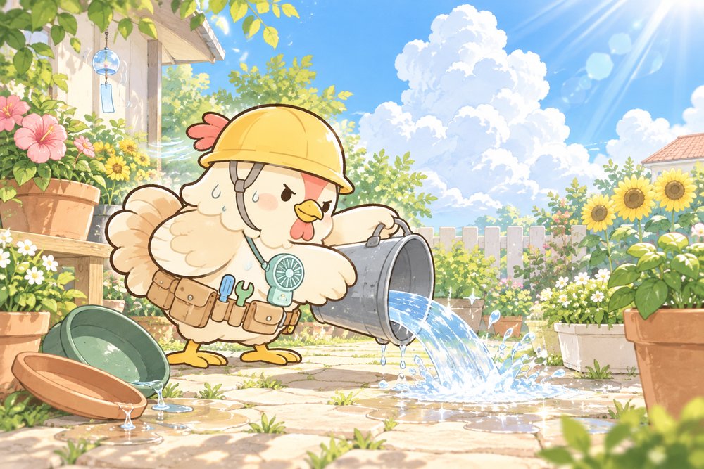 夏の庭でバケツの水を捨てるニワトリのナビ助