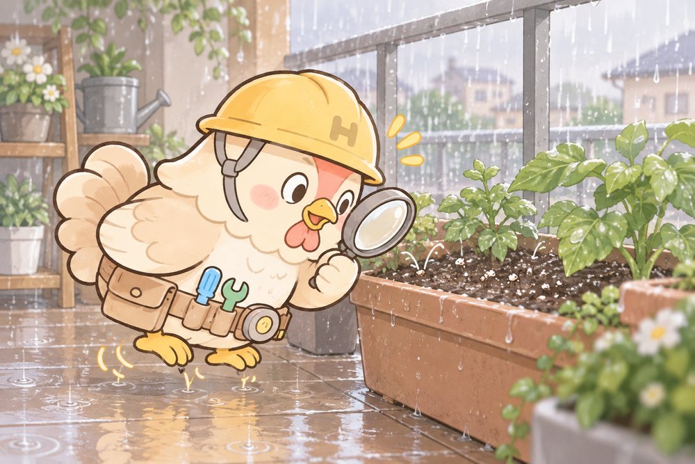 雨の日にプランターで跳ねる小さな虫を観察するナビ助