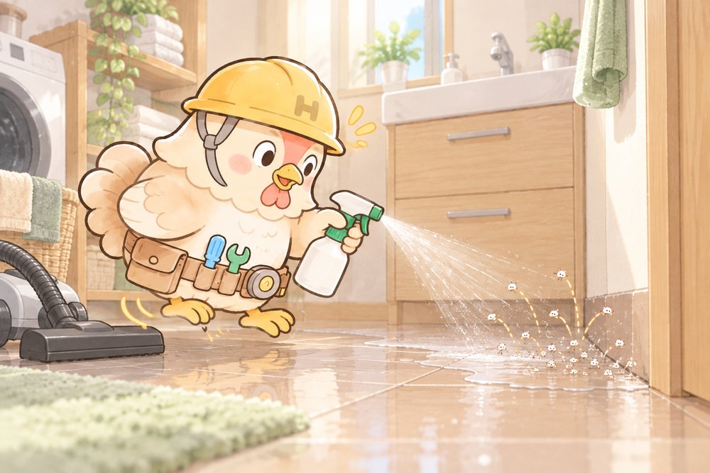 洗面所の湿ったすみにスプレーするナビ助