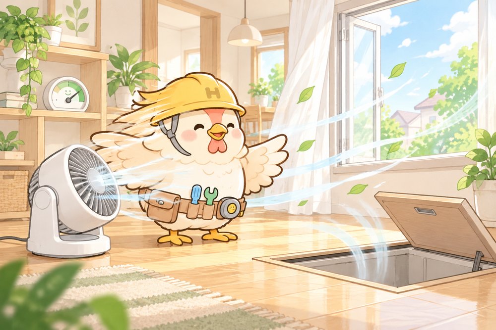 窓を開けてサーキュレーターで湿気を追い出すナビ助