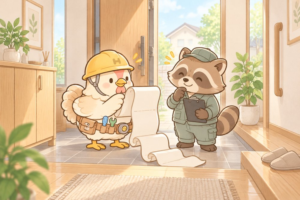 職人さんとチェックリストで確認するニワトリのナビ助