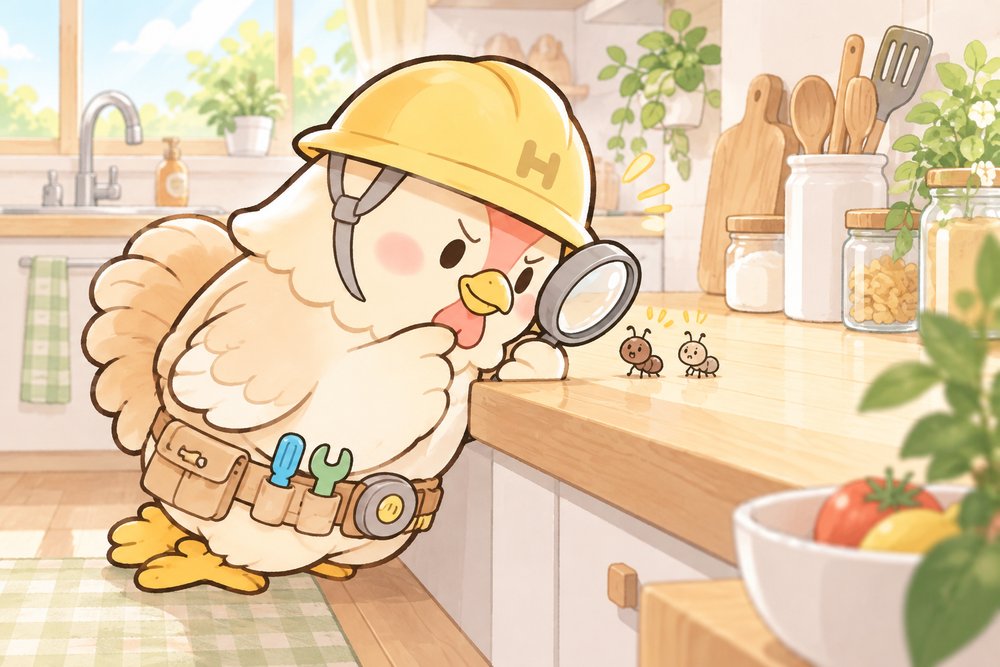 虫めがねで小さなアリを見比べるニワトリのナビ助