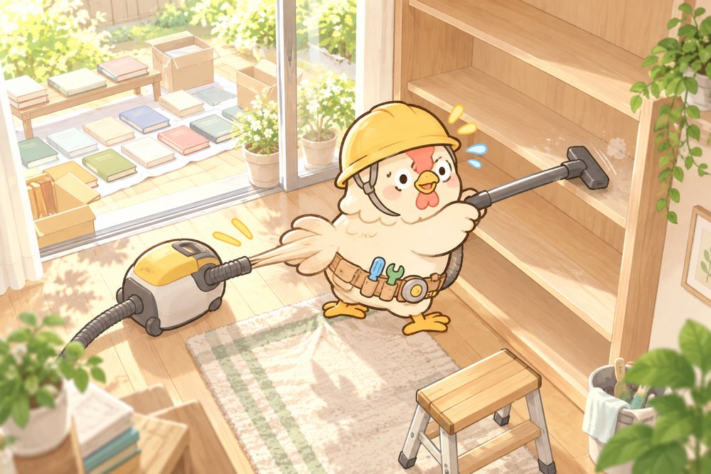 本を天日干しして本棚を掃除機で掃除するニワトリのナビ助