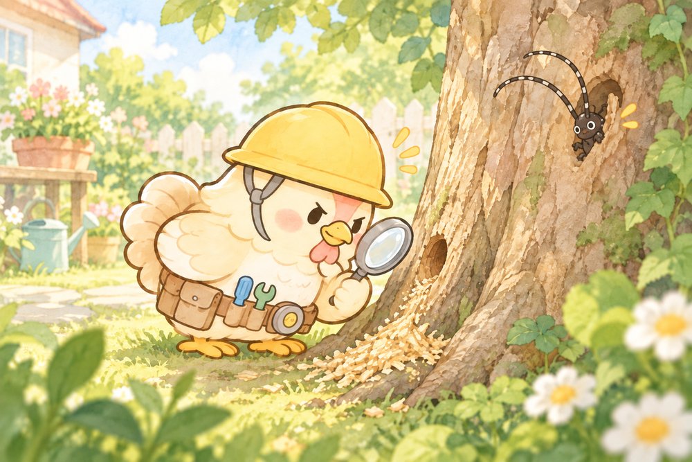 庭木の穴と木くずを虫眼鏡で調べるニワトリ