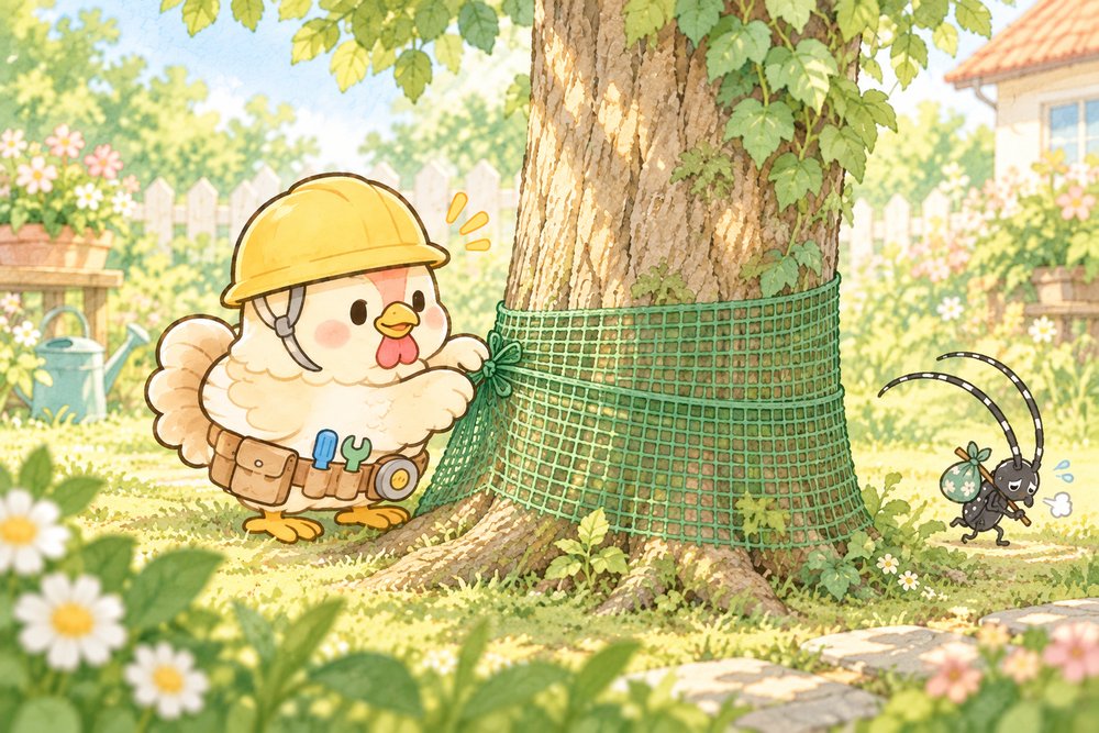 庭木の幹に防虫ネットを巻いて守るニワトリ