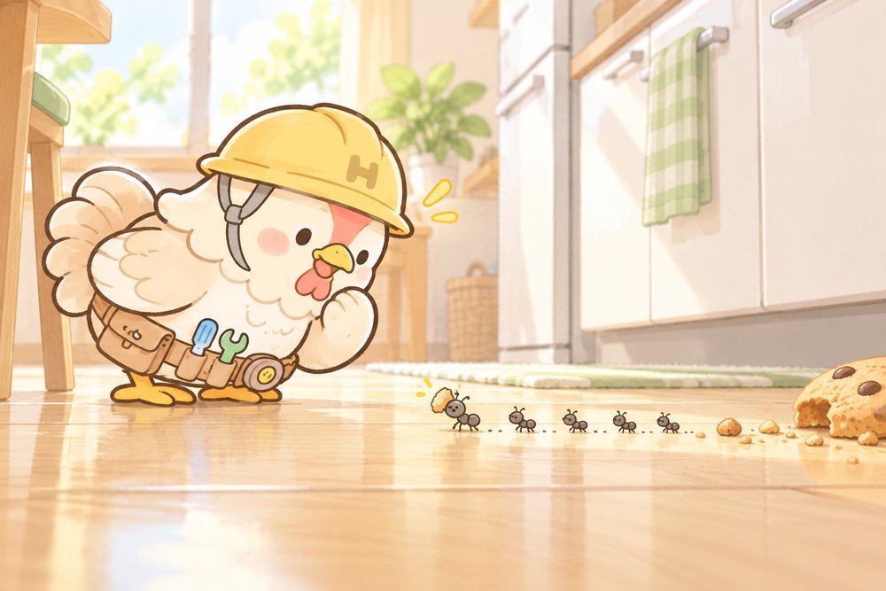 台所でアリの行列を見つけたニワトリのナビ助