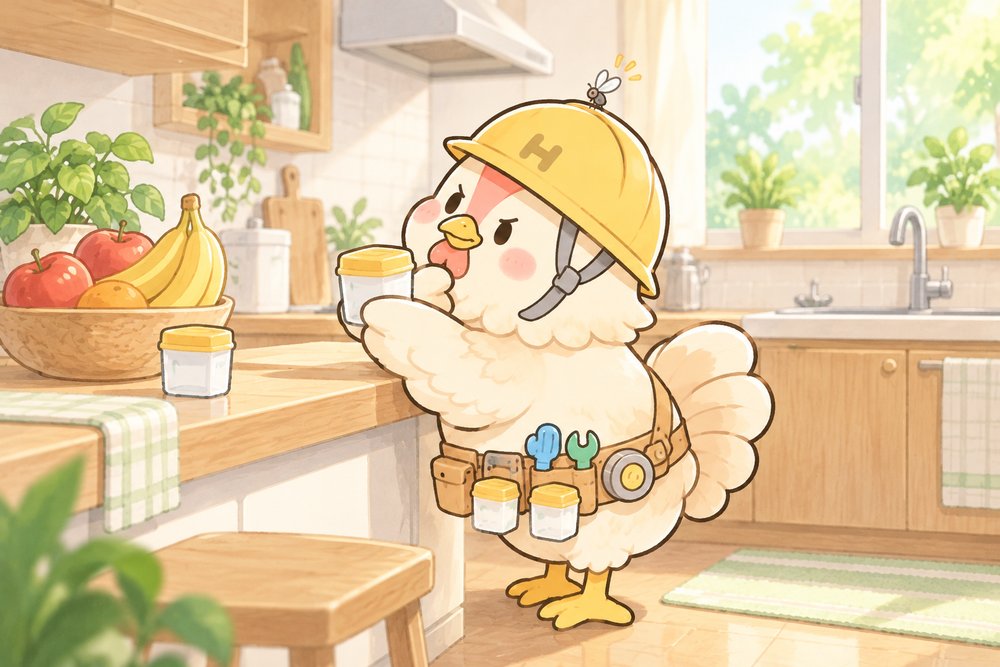 果物かごのそばにコバエ取りを置くニワトリのナビ助