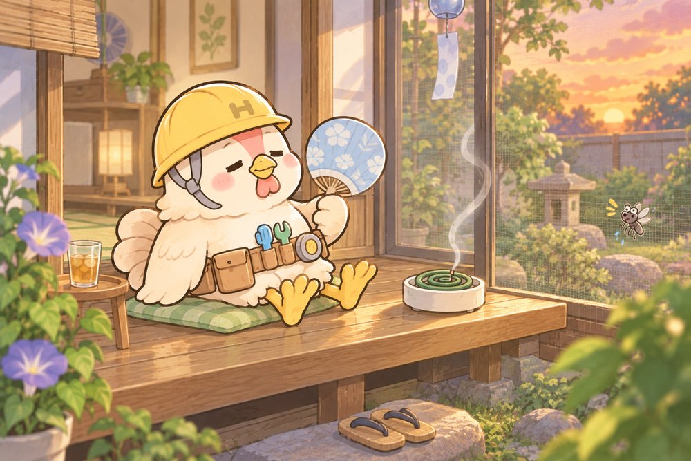 蚊取り線香のそばで夕涼みするニワトリのナビ助