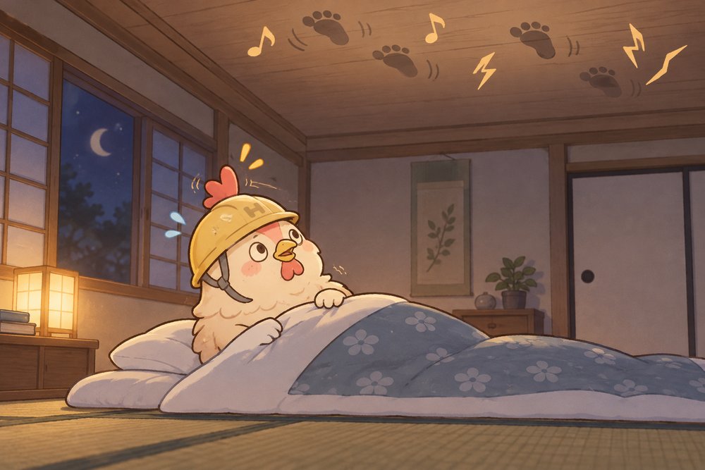 夜に天井の足音に気づいて驚くナビ助