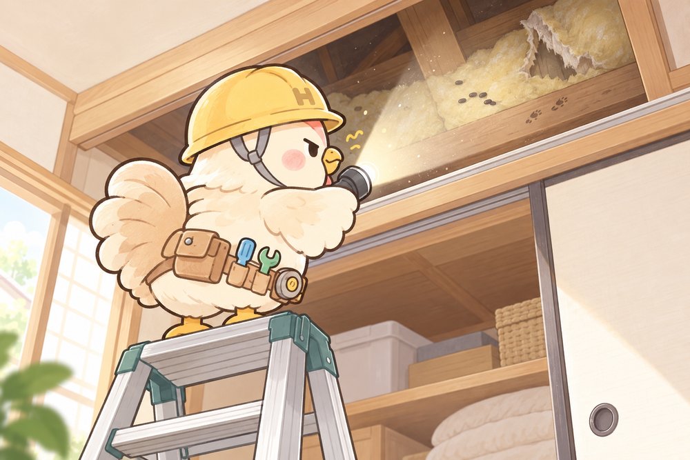 押し入れから屋根裏を懐中電灯で調べるナビ助
