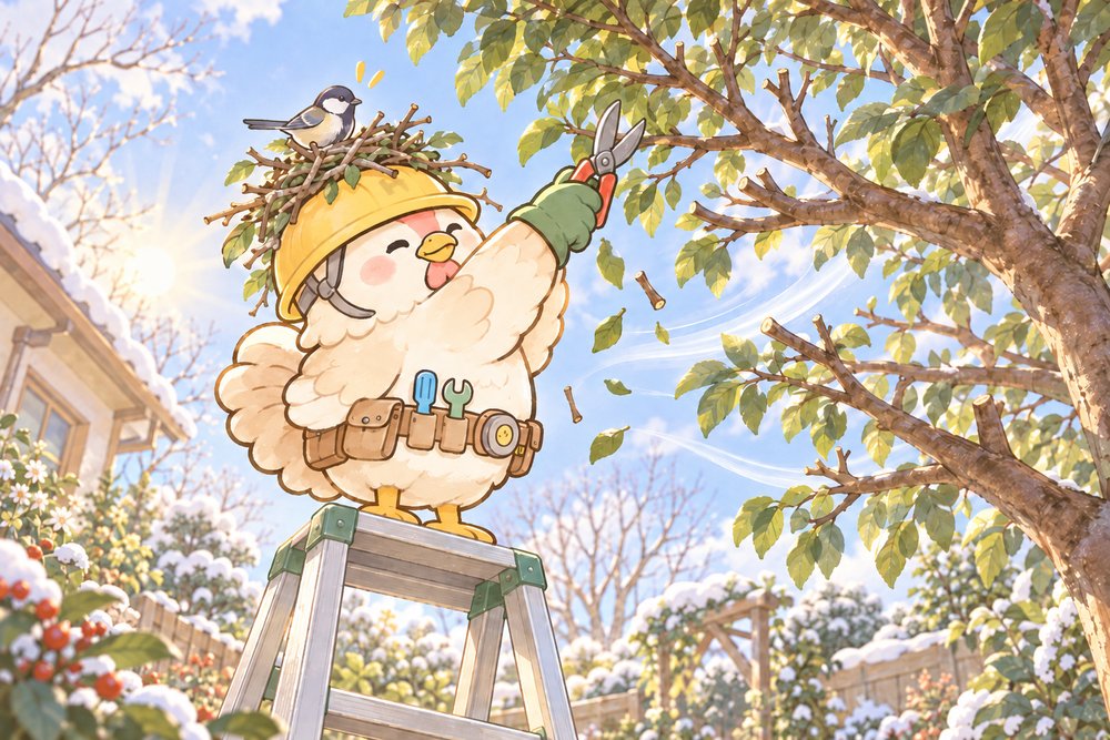 脚立にのぼって庭木を剪定するニワトリのナビ助