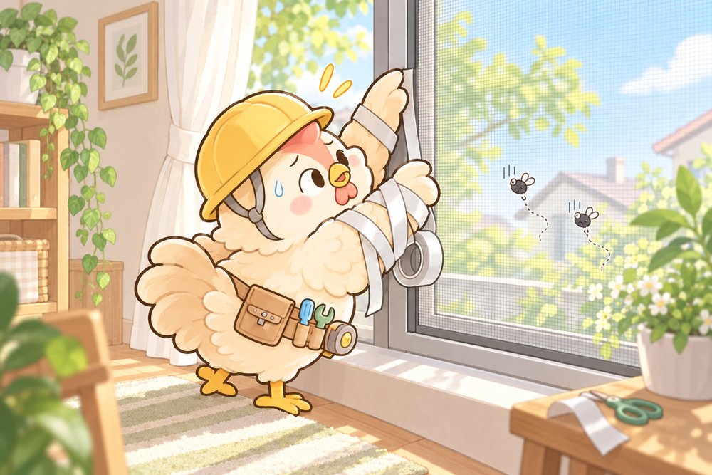 網戸のすき間をテープでふさぐニワトリのナビ助