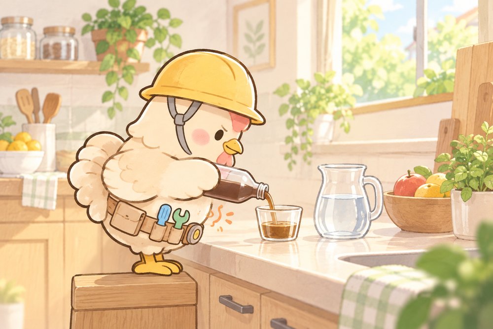 つゆを注いでコバエトラップを作るニワトリのナビ助