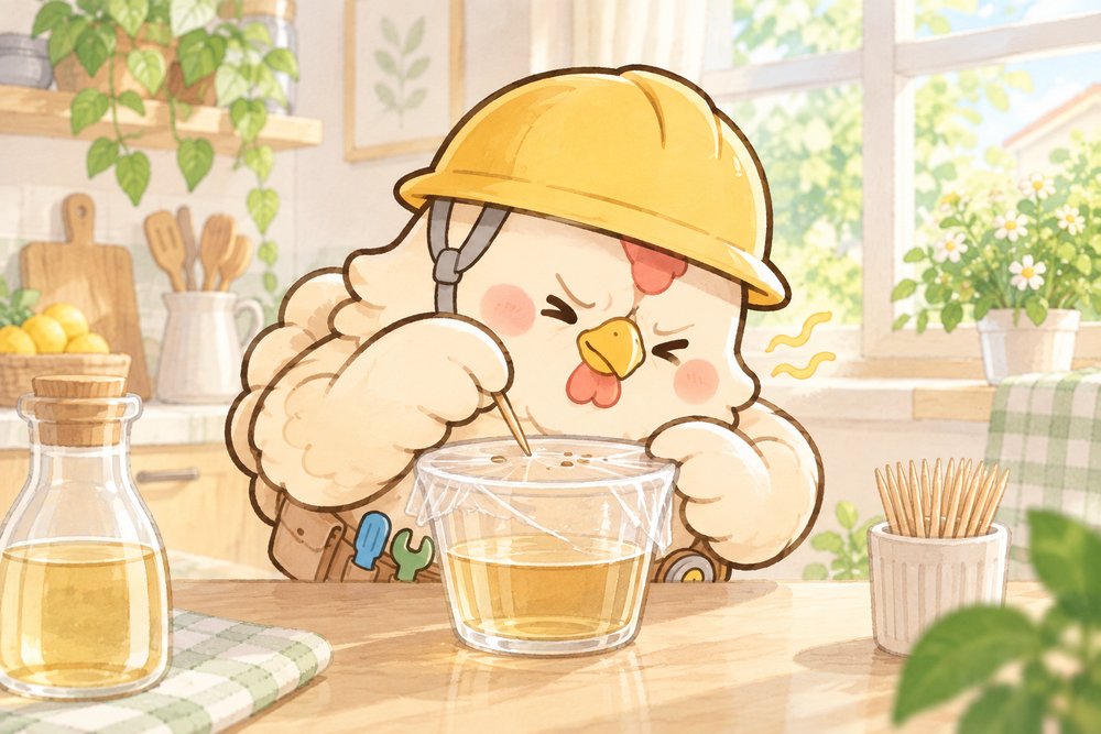 お酢のトラップにつまようじで穴を開けるニワトリのナビ助