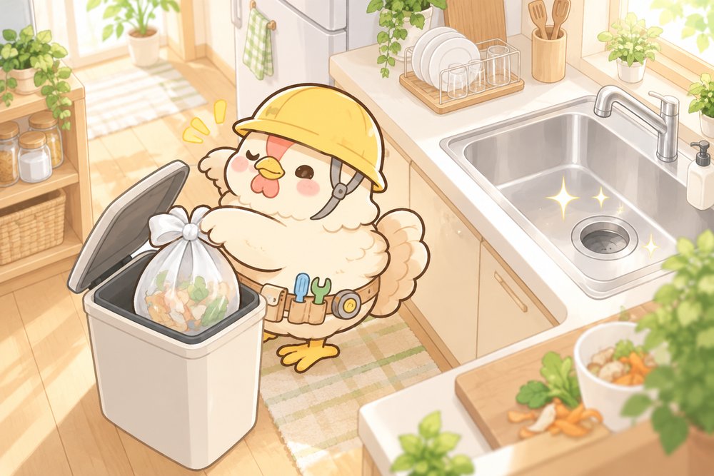 生ごみをふた付きゴミ箱に入れるニワトリのナビ助