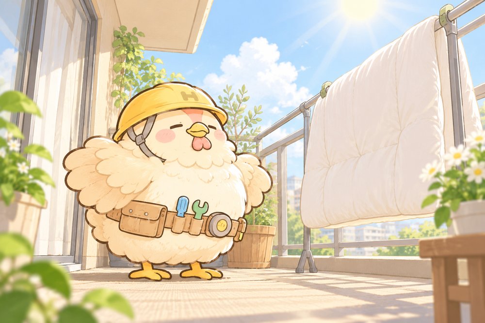 ベランダで布団を干して日なたぼっこするニワトリのナビ助