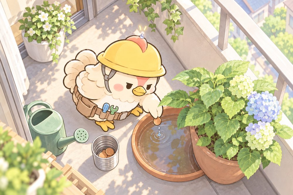 植木鉢の受け皿に銅のコインを入れるナビ助