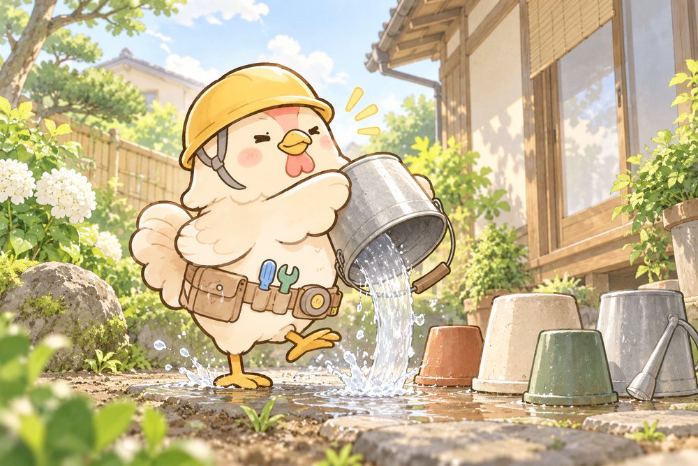 たまった雨水をバケツから捨てるナビ助