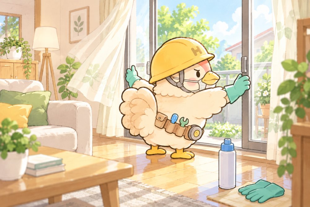 窓を開けて換気するニワトリのナビ助