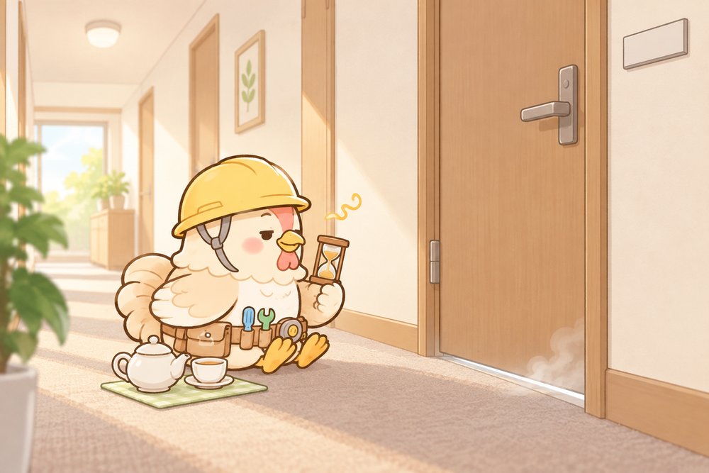 廊下でお茶を飲みながら待ち時間を過ごすニワトリのナビ助