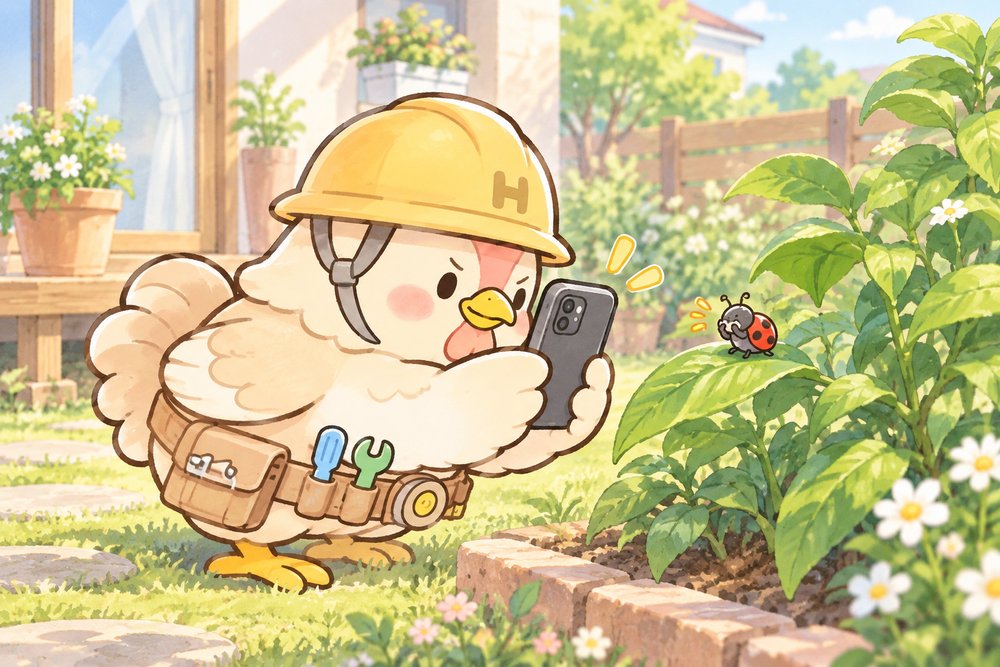庭の虫をスマホで撮って調べるニワトリのナビ助
