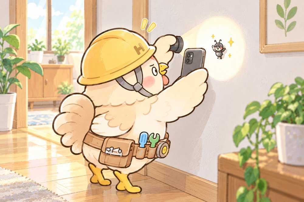 懐中電灯で照らして虫を撮るニワトリのナビ助