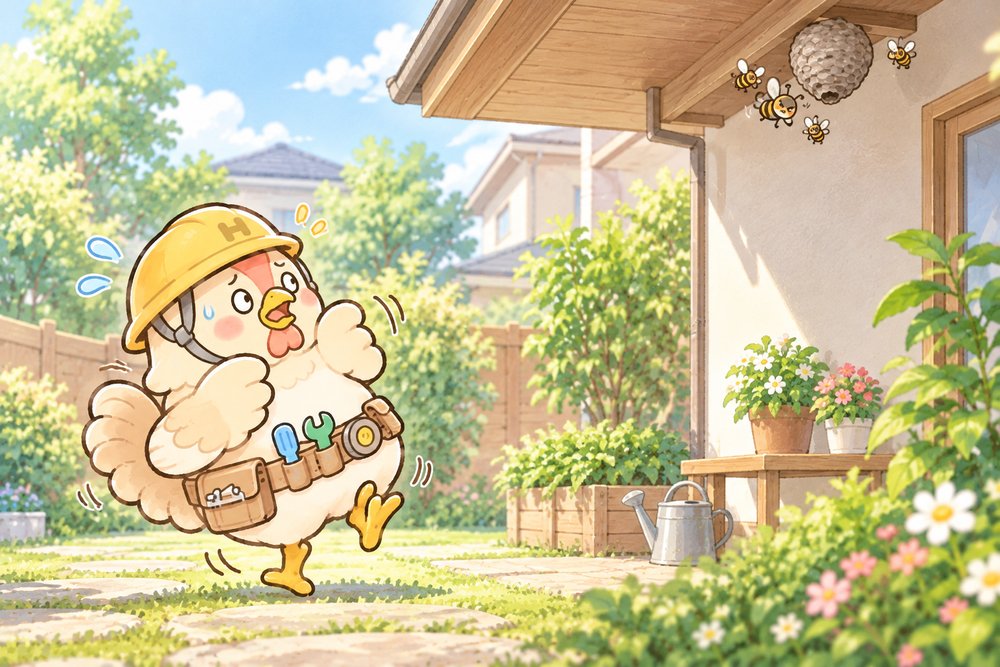 ハチの巣からそっと離れるニワトリのナビ助